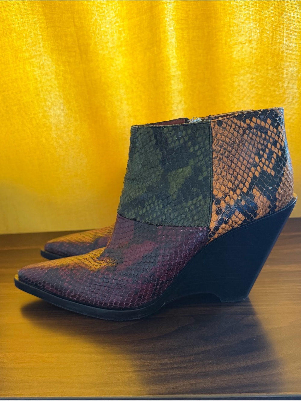 Acne Patchwork Snake-Embossed Wedge Ankle Boots - Green, Brown, Burgundy